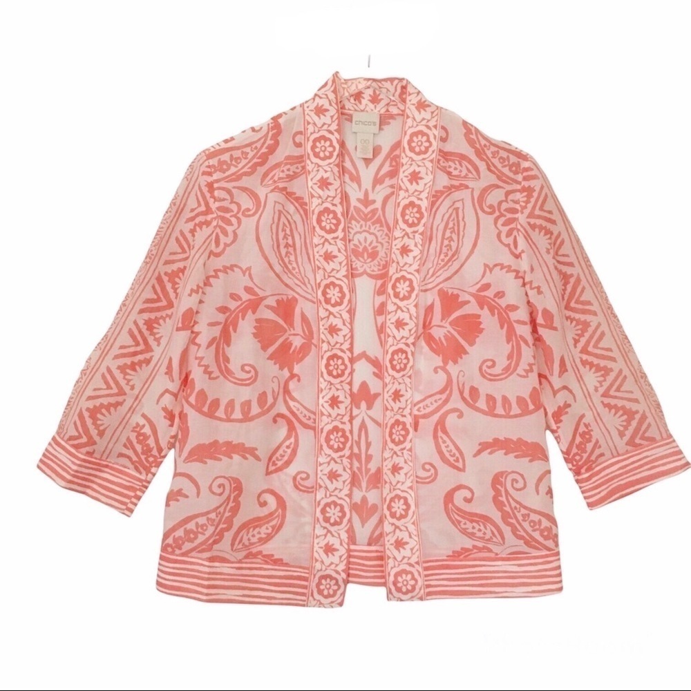 Chico's Silk Blend Border Print Open Front Kimono Jacket Size 00